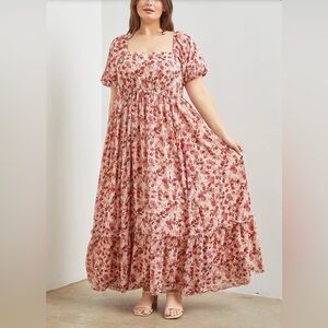 Floral romantic chic women short sleeve maxi Dress Red and Pink plus size 1XL.